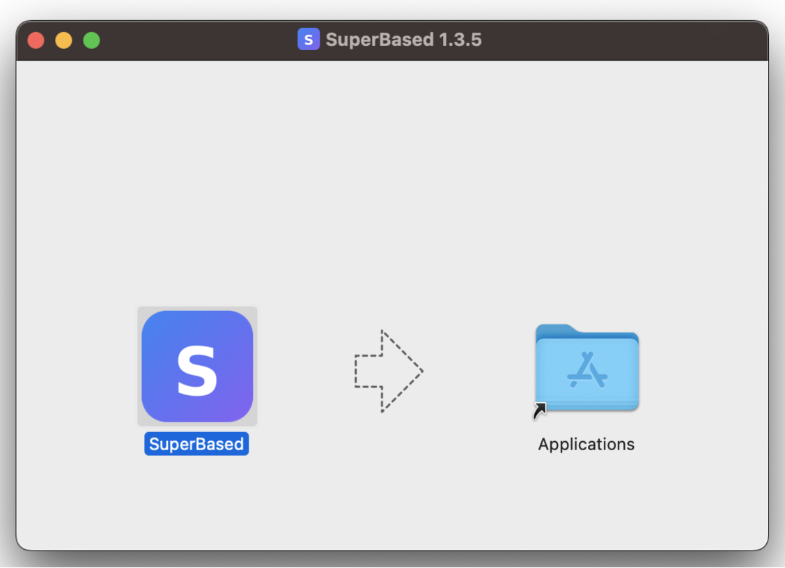 SuperBased dmg window with drag-to-Applications layout