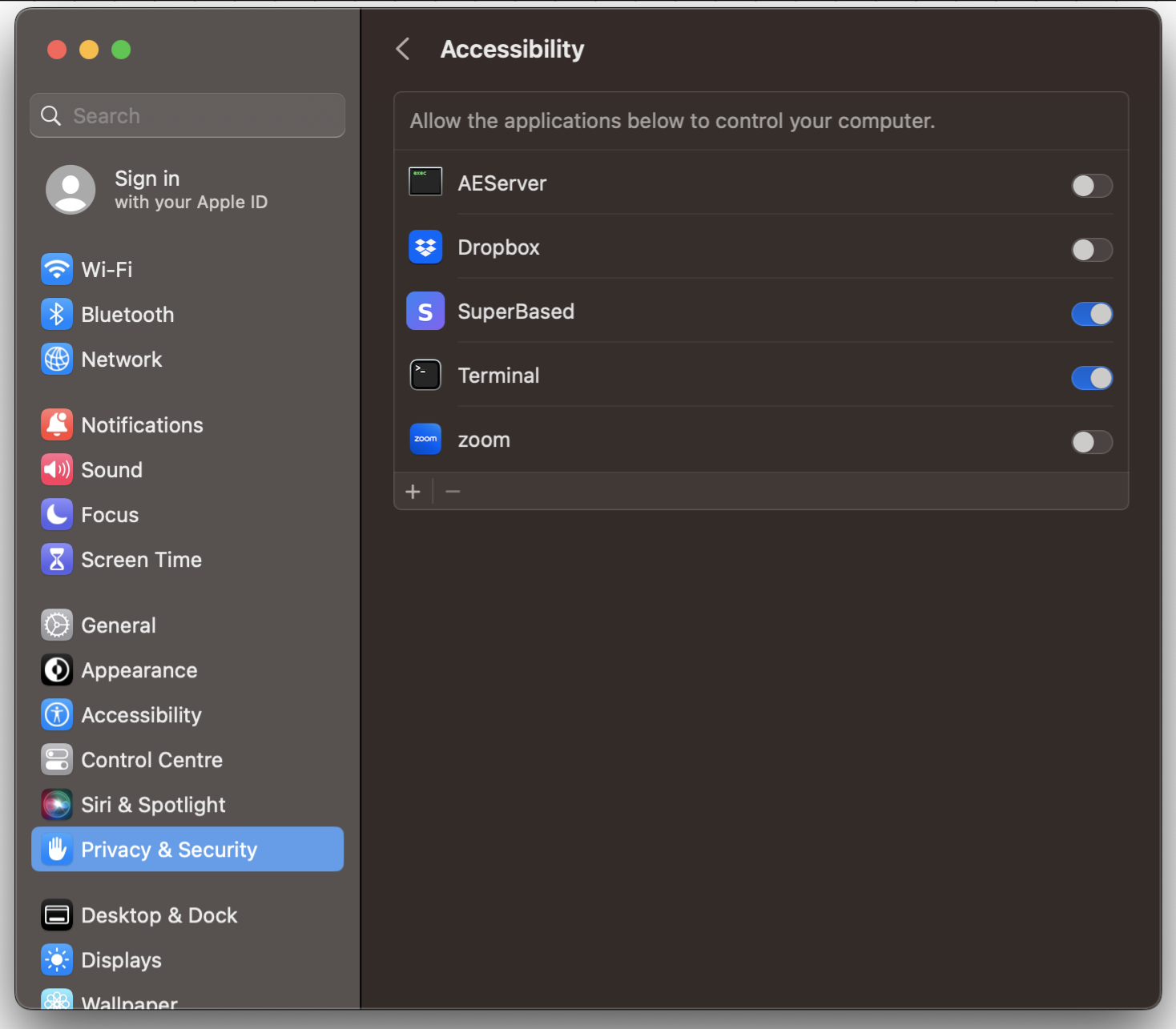 macOS Accessibility settings showing SuperBased toggle enabled