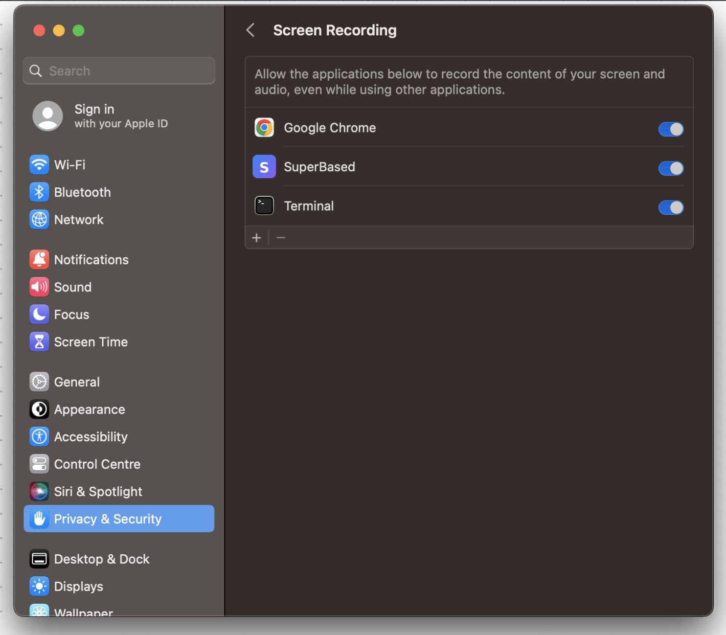 macOS Screen Recording settings showing SuperBased toggle enabled