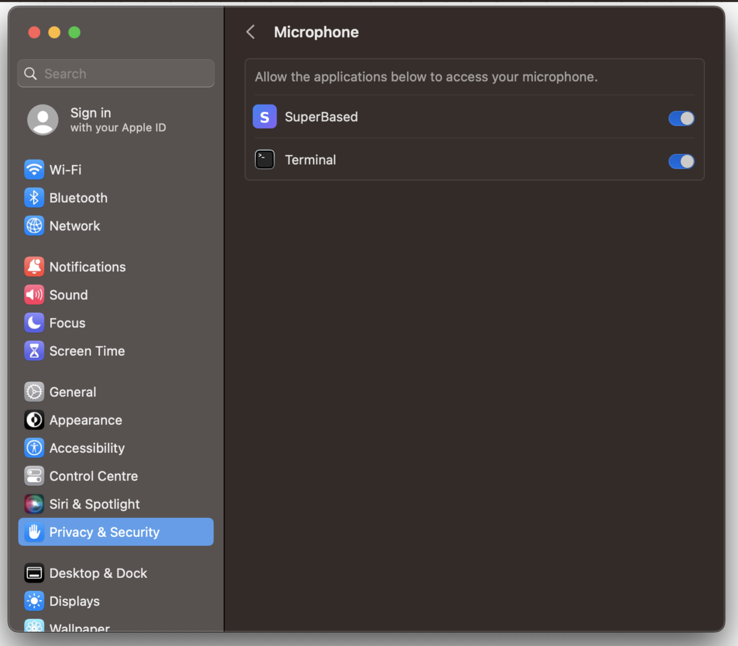 macOS Microphone settings showing SuperBased toggle enabled