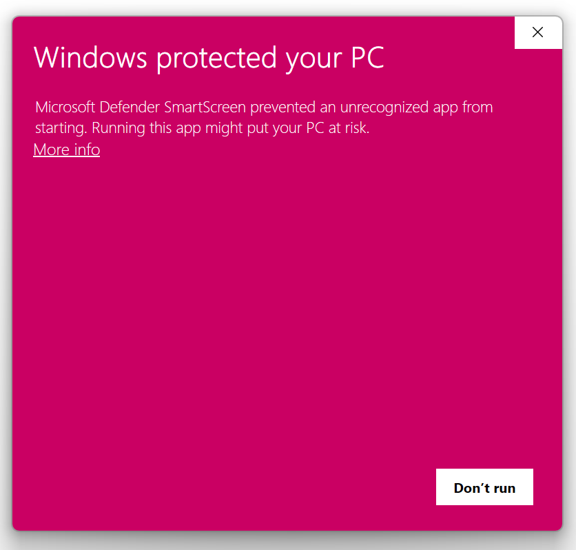 Windows SmartScreen warning showing More info link
