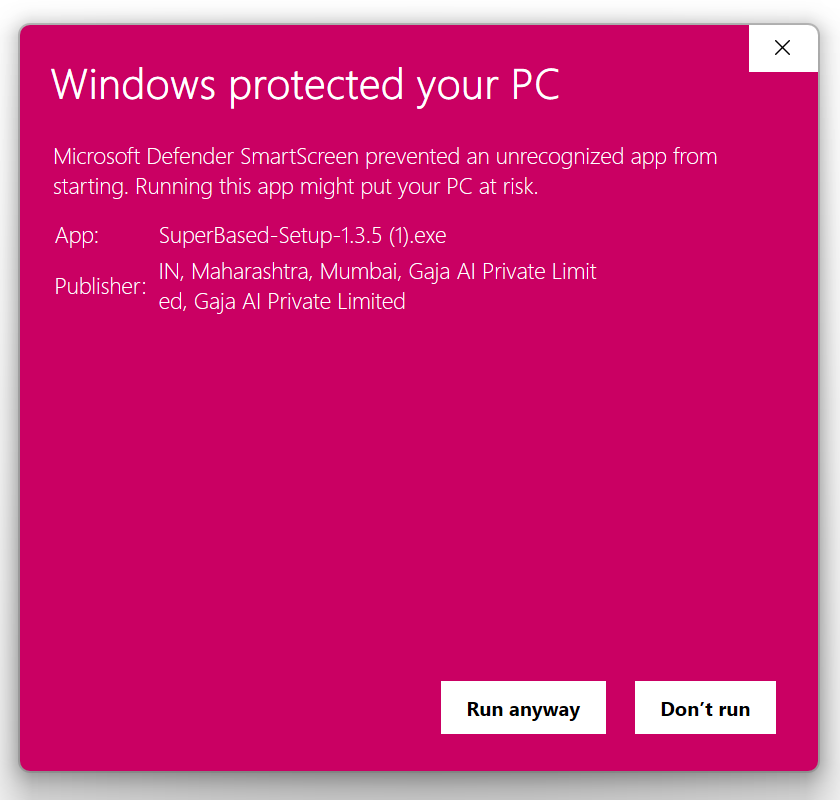 Windows SmartScreen showing publisher and Run anyway button